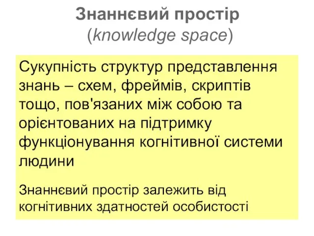 Знаннєвий простір (knowledge space) Сукупність структур представлення знань – схем, фреймів, скриптів