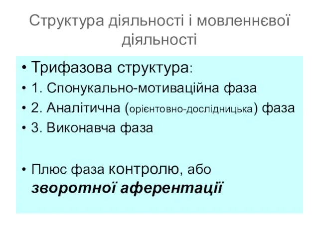 Структура діяльності і мовленнєвої діяльності Трифазова структура: 1. Спонукально-мотиваційна фаза 2. Аналітична