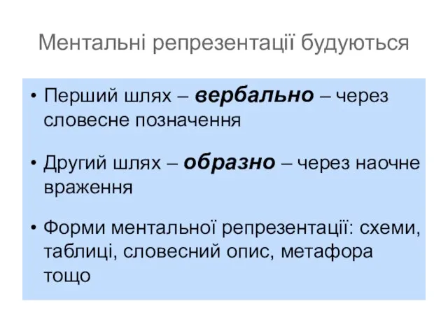 Ментальні репрезентації будуються Перший шлях – вербально – через словесне позначення Другий