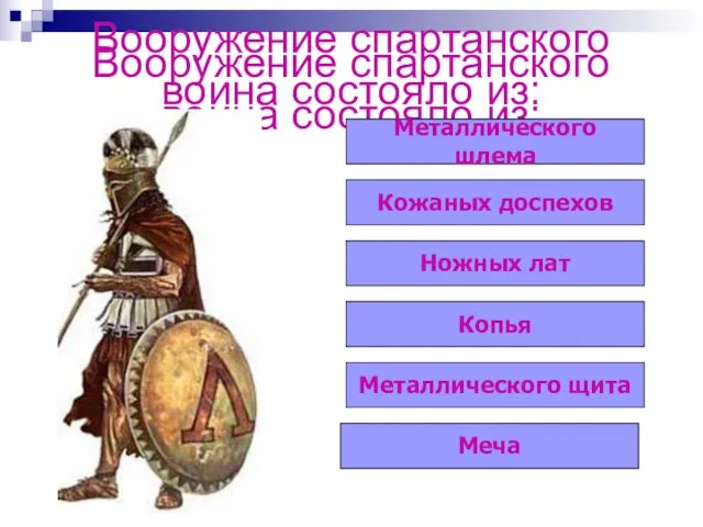 Вооружение спартанского воина состояло из: Вооружение спартанского воина состояло из: Металлического шлема