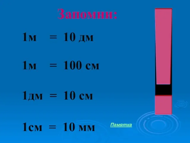 Запомни: 1м = 10 дм 1м = 100 см 1дм = 10