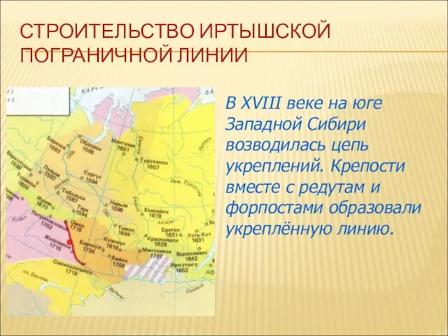 СТРОИТЕЛЬСТВО ИРТЫШСКОЙ ПОГРАНИЧНОЙ ЛИНИИ В XVIII веке на юге Западной Сибири возводилась