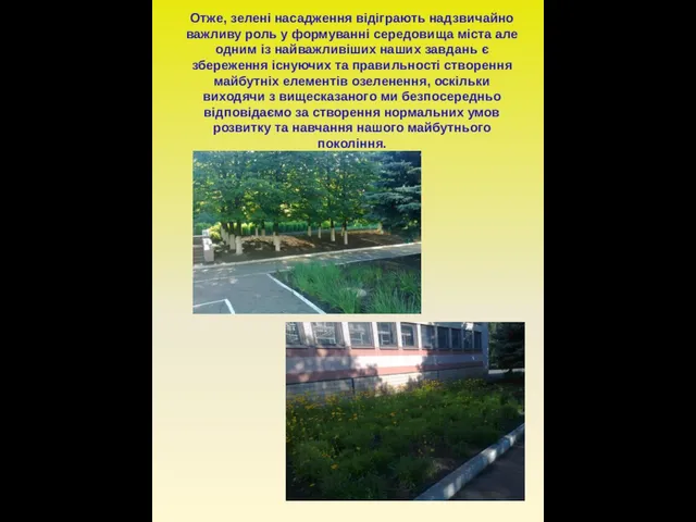 Отже, зелені насадження відіграють надзвичайно важливу роль у формуванні середовища міста але