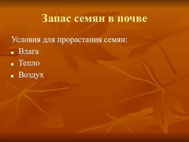 Запас семян в почве Условия для прорастания семян: Влага Тепло Воздух