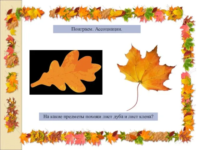Поиграем. Ассоциации. На какие предметы похожи лист дуба и лист клена?