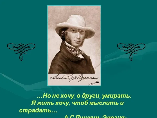 …Но не хочу, о други, умирать; Я жить хочу, чтоб мыслить и страдать… А.С.Пушкин «Элегия»