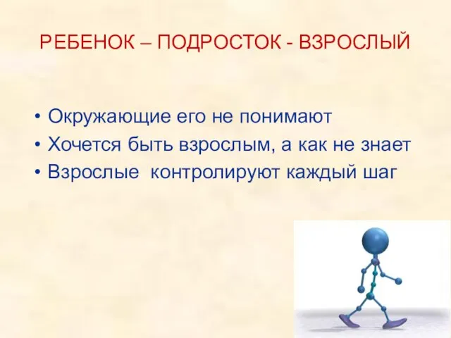 РЕБЕНОК – ПОДРОСТОК - ВЗРОСЛЫЙ Окружающие его не понимают Хочется быть взрослым,