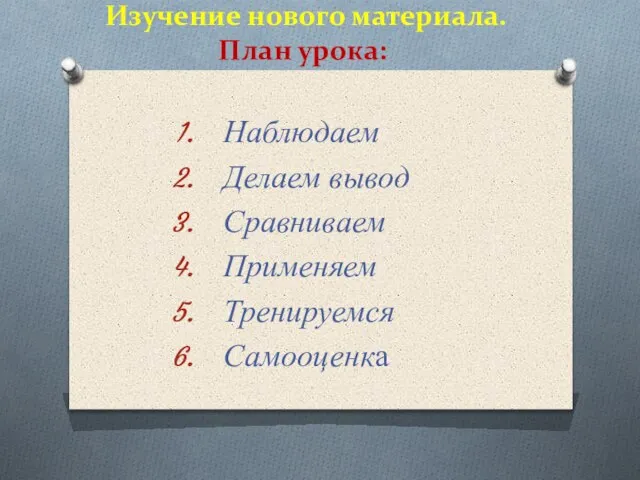 Изучение нового материала. План урока: Наблюдаем Делаем вывод Сравниваем Применяем Тренируемся Самооценка