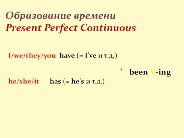 Образование времени Present Perfect Continuous I/we/they/you have (= I've и т.д.) he/she/it