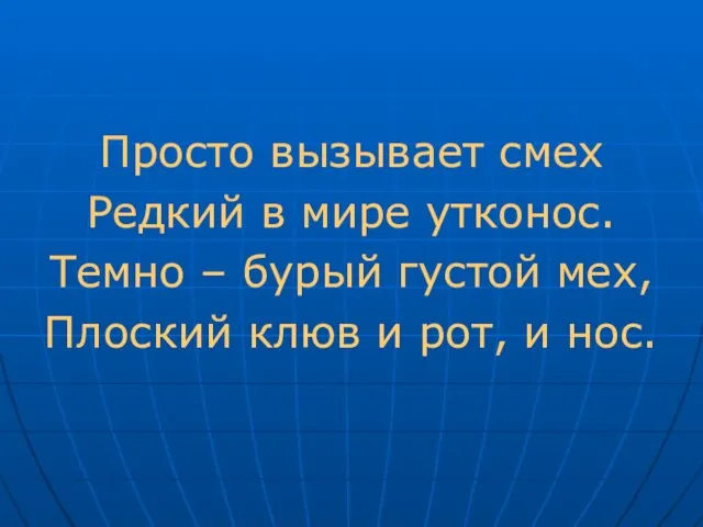 Просто вызывает смех Редкий в мире утконос. Темно – бурый густой мех,