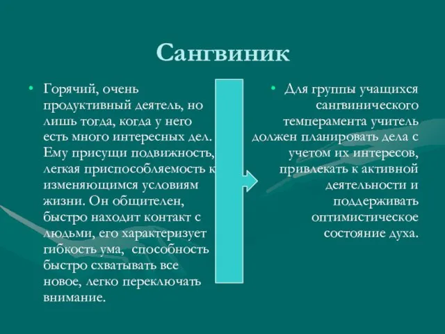 Сангвиник Горячий, очень продуктивный деятель, но лишь тогда, когда у него есть