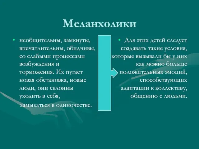 Меланхолики необщительны, замкнуты, впечатлительны, обидчивы, со слабыми процессами возбуждения и торможения. Их