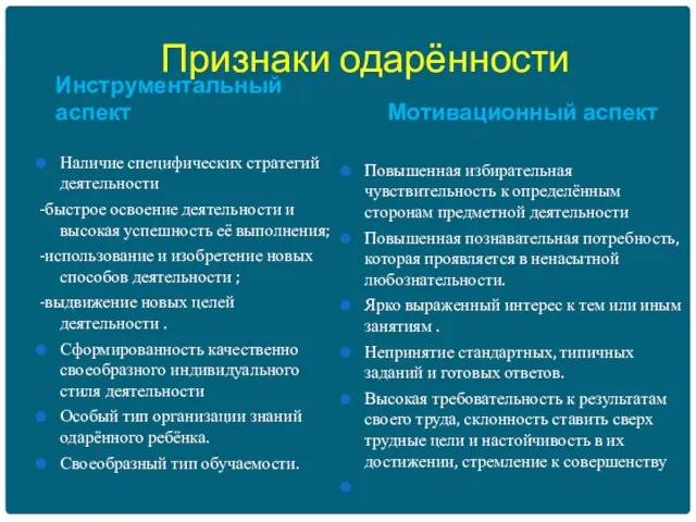 Признаки одарённости Инструментальный аспект Наличие специфических стратегий деятельности -быстрое освоение деятельности и