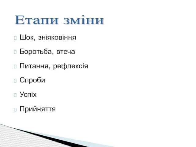 Шок, зніяковіння Боротьба, втеча Питання, рефлексія Спроби Успіх Прийняття Етапи зміни