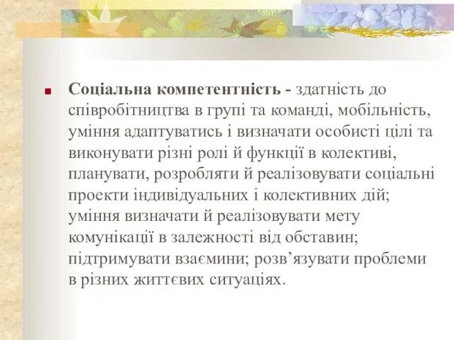 Соціальна компетентність - здатність до співробітництва в групі та команді, мобільність, уміння