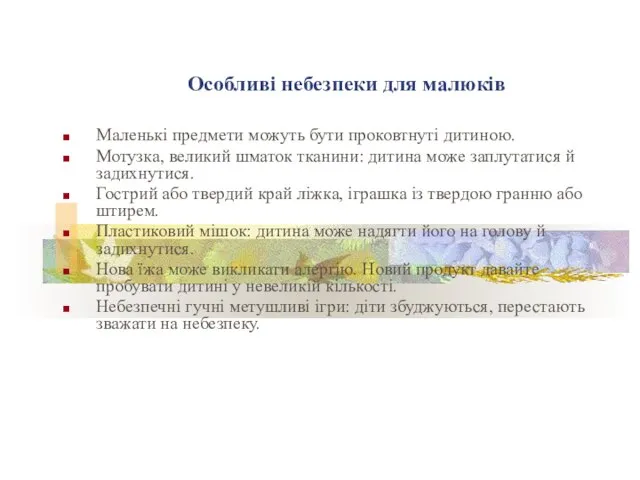 Особливі небезпеки для малюків Маленькі предмети можуть бути проковтнуті дитиною. Мотузка, великий