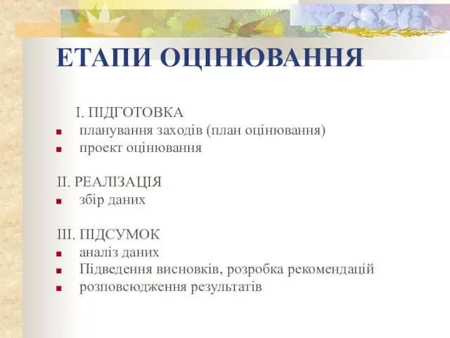 ЕТАПИ ОЦІНЮВАННЯ І. ПІДГОТОВКА планування заходів (план оцінювання) проект оцінювання ІІ. РЕАЛІЗАЦІЯ