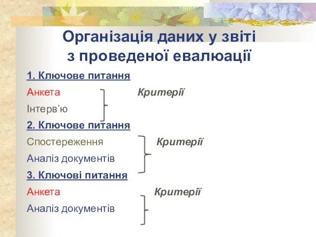 Організація даних у звіті з проведеної евалюації 1. Ключове питання Анкета Критерії