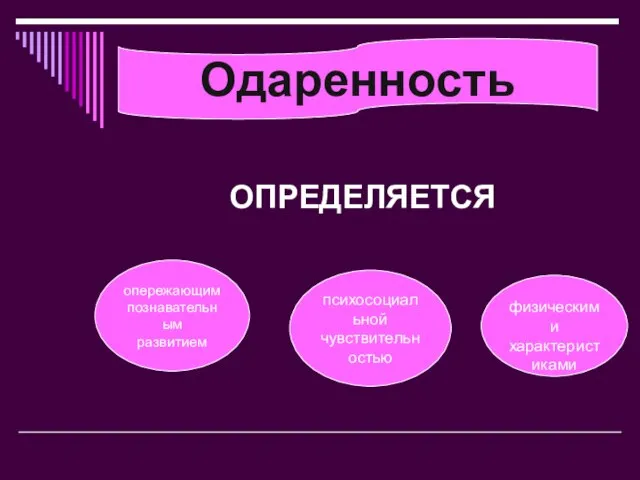 ОПРЕДЕЛЯЕТСЯ Одаренность опережающим познавательным развитием психосоциальной чувствительностью физическими характеристиками