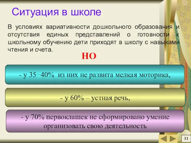 Ситуация в школе В условиях вариативности дошкольного образования и отсутствия единых представлений