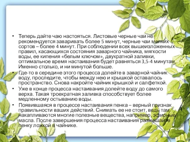 Теперь дайте чаю настояться. Листовые черные чаи не рекомендуется заваривать более 5