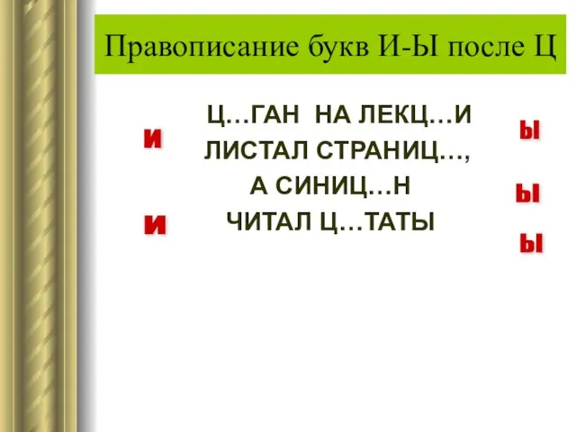 Правописание букв И-Ы после Ц Ц…ГАН НА ЛЕКЦ…И ЛИСТАЛ СТРАНИЦ…, А СИНИЦ…Н