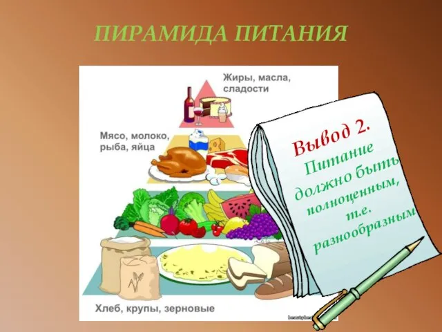 ПИРАМИДА ПИТАНИЯ Вывод 2. Питание должно быть полноценным, т.е. разнообразным