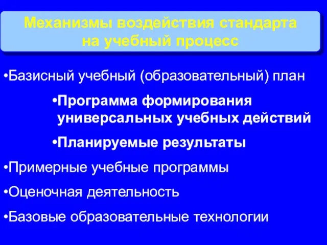 Механизмы воздействия стандарта на учебный процесс Базисный учебный (образовательный) план Программа формирования