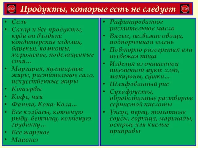 Продукты, которые есть не следует Соль Сахар и все продукты, куда он