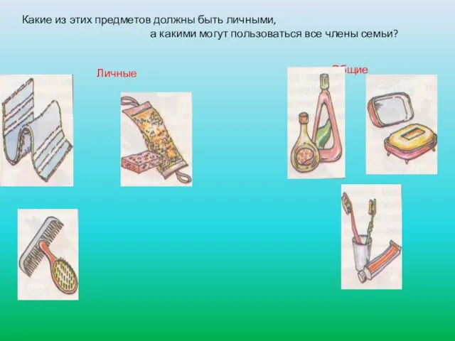 Какие из этих предметов должны быть личными, а какими могут пользоваться все члены семьи? Личные Общие