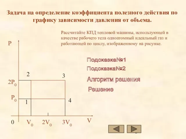 Задача на определение коэффициента полезного действия по графику зависимости давления от объема.