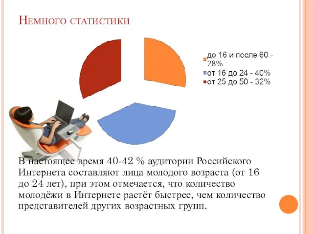 Немного статистики В настоящее время 40-42 % аудитории Российского Интернета составляют лица