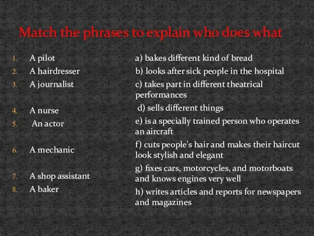 Match the phrases to explain who does what A pilot A hairdresser