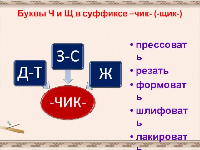 Буквы Ч и Щ в суффиксе –чик- (-щик-) прессовать резать формовать шлифовать лакировать