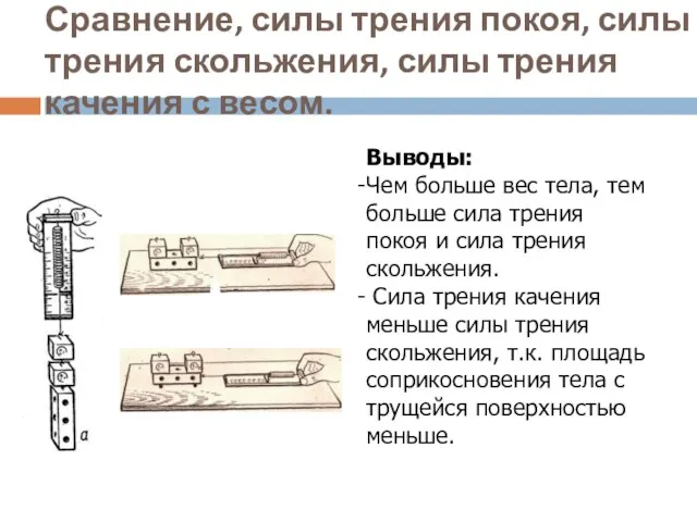 Сравнение, силы трения покоя, силы трения скольжения, силы трения качения с весом.