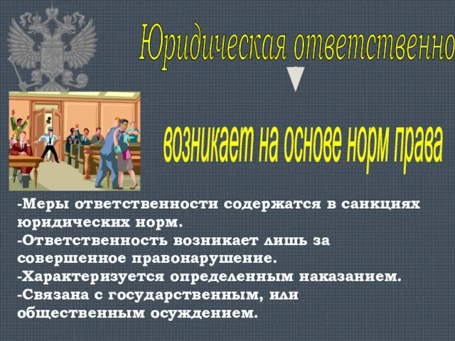 возникает на основе норм права -Меры ответственности содержатся в санкциях юридических норм.