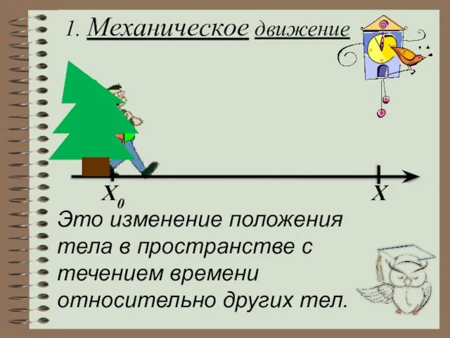 1. Механическое движение X0 X Это изменение положения тела в пространстве с