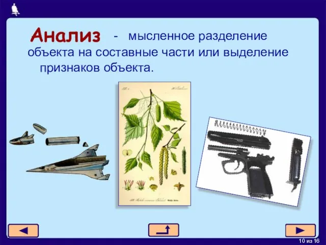 Анализ объекта на составные части или выделение признаков объекта. - мысленное разделение