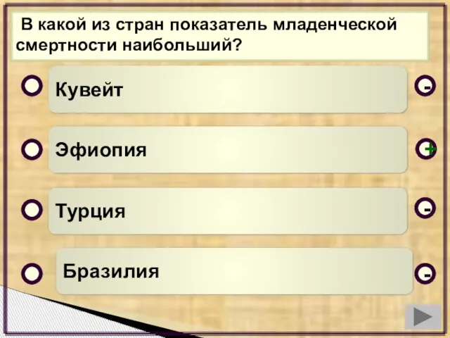 В какой из стран показатель младенческой смертности наибольший? Кувейт Эфиопия Турция Бразилия - - + -