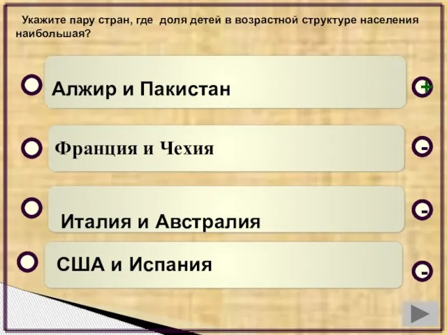 Укажите пару стран, где доля детей в возрастной структуре населения наибольшая? Алжир