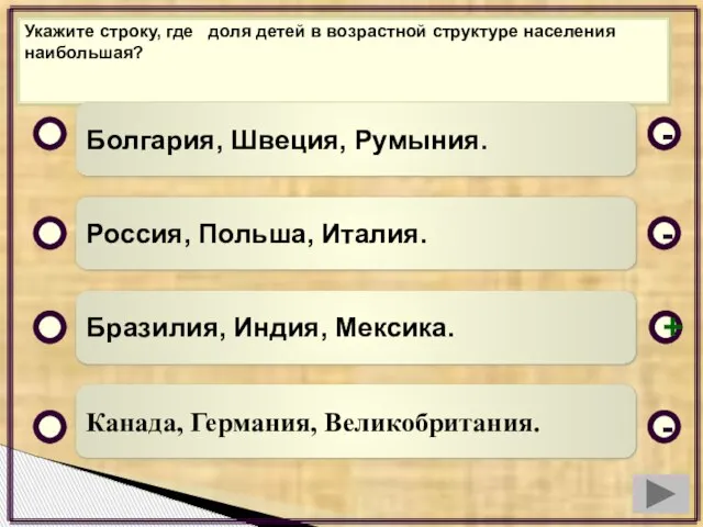 Укажите строку, где доля детей в возрастной структуре населения наибольшая? Болгария, Швеция,