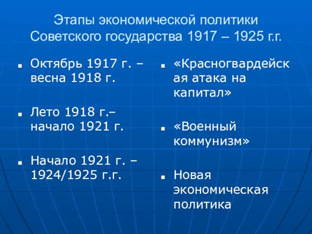 Этапы экономической политики Советского государства 1917 – 1925 г.г. Октябрь 1917 г.