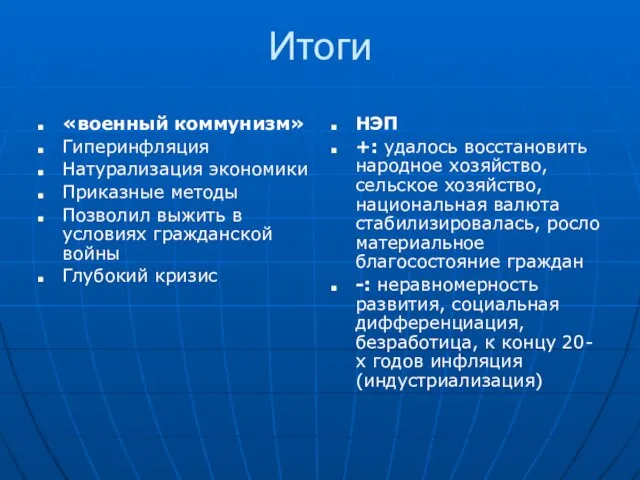 Итоги «военный коммунизм» Гиперинфляция Натурализация экономики Приказные методы Позволил выжить в условиях