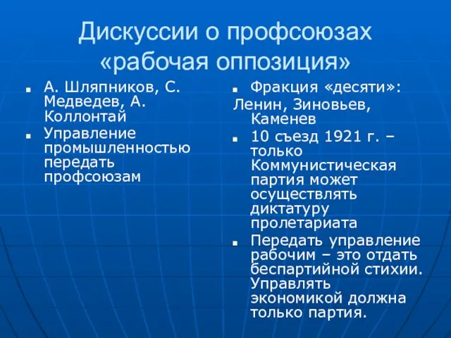 Дискуссии о профсоюзах «рабочая оппозиция» А. Шляпников, С. Медведев, А. Коллонтай Управление