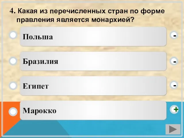 4. Какая из перечисленных стран по форме правления является монархией? Польша Бразилия