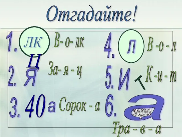 Отгадайте! ЛК 1. 2. Я В- о- лк Ц За- я -