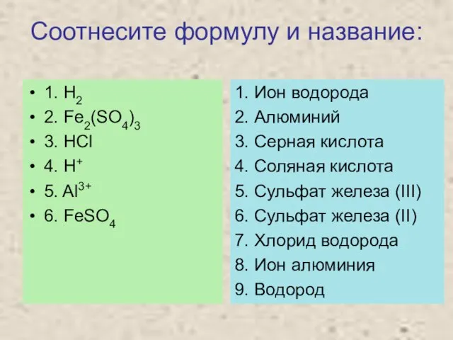 Соотнесите формулу и название: 1. H2 2. Fe2(SO4)3 3. HCl 4. H+