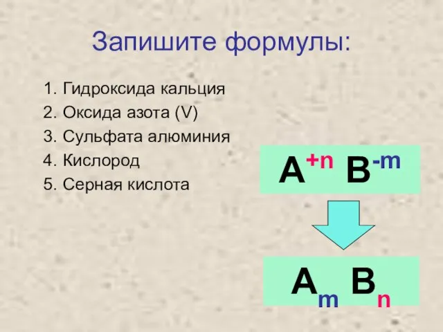 Запишите формулы: Гидроксида кальция Оксида азота (V) Сульфата алюминия Кислород Серная кислота А+n B-m Аm Bn