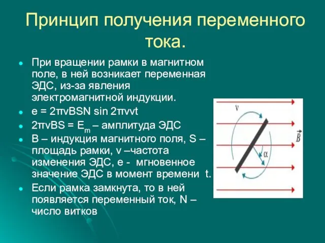 Принцип получения переменного тока. При вращении рамки в магнитном поле, в ней