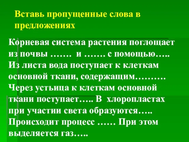 Вставь пропущенные слова в предложениях Корневая система растения поглощает из почвы …….